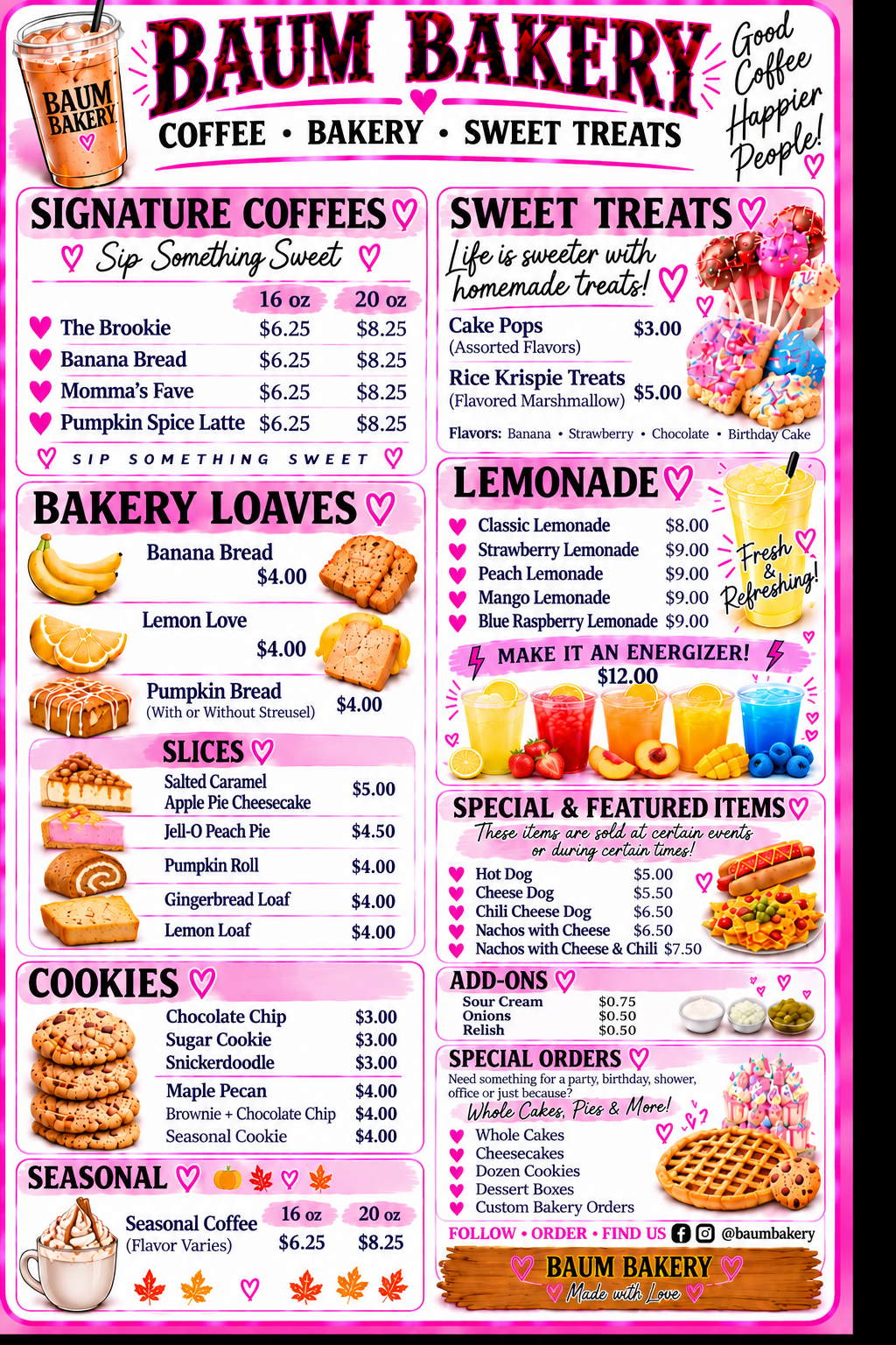 Baum Bakery menu board